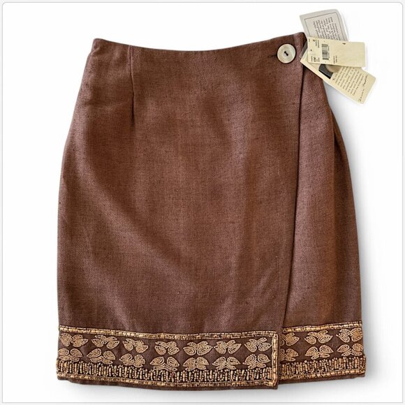 Krizia Italy Brown 100% Silk (Linen Look) Vintage Wrap Wood Bead Skirt New NWT 4 - Picture 1 of 4